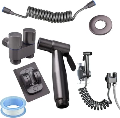 Handdouche Toiletset van RVS, 1-in-2 Dubbele Controleklep met Veer Slang en Plakhouder voor Badkamer, Ideaal voor Toilet en Huisdier Verzorging