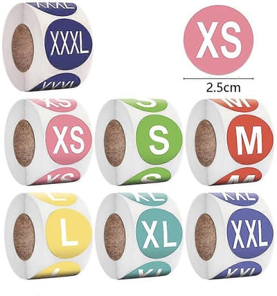 7 Rollen Ronde gekleurde Stickers met Maten - XS - S - M - L- XL - XXL - XXXL - 3500 labels met maat - 25MM kledingmaten zelfklevende labels