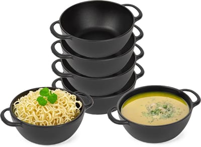Plasticforte Soepkommen met hengsels - 8x - Campinglife - kunststof - D11 x H5 cm - 370 ml - zwart - stapelbaar - onbreekbaar