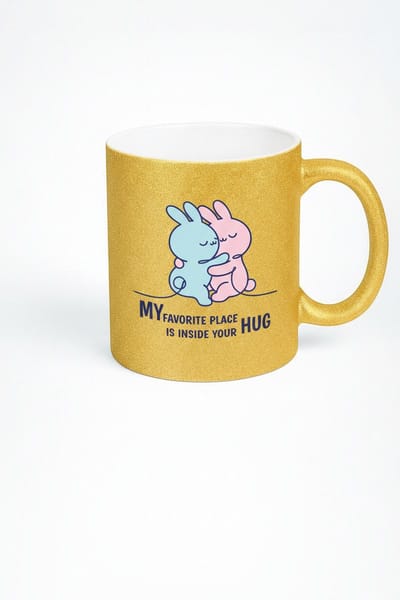 Gouden Glitter Mok 'My Favorite Place Is Inside Your Hug' met Knuffel Konijnen