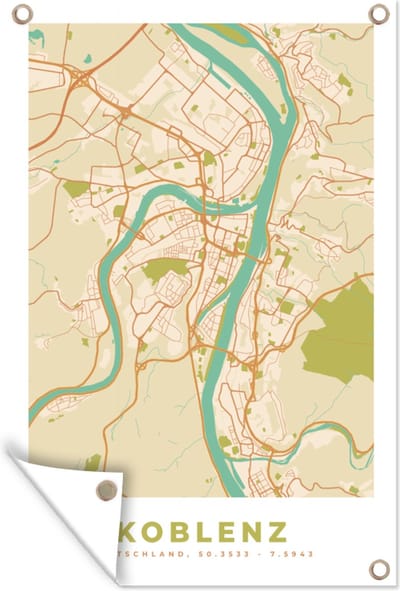 Muurdecoratie Koblenz - Plattegrond - Kaart - Stadskaart - Vintage - 120x180 cm - Tuinposter - Tuindoek