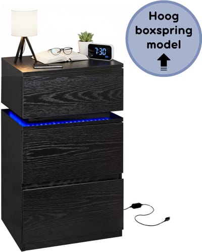 Casamoda Extra Hoog Nachtkastje voor Boxspring - H70 x B40 x D35 cm - 3 Lades - Verstelbare RGB LED-Verlichting Alle Kleuren - Draagkracht 110 kg - Moderne Bijzettafel - Zwart