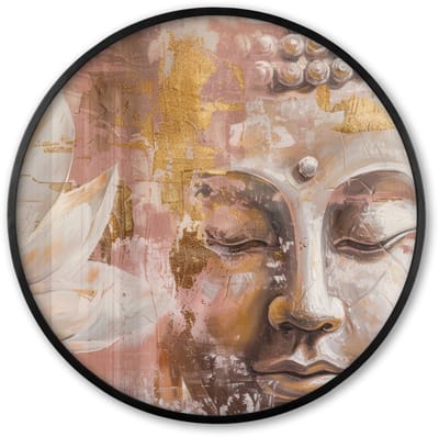 Poster in lijst Rond - Fotolijst 60x60 cm - Posters - Buddha - Bloem - Goud - Roze - Abstract - Ronde posterlijst zwart - Decoratie - Wanddecoratie woonkamer - Muurdecoratie slaapkamer