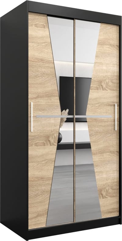 InspireMe - Kledingkast met 2 schuifdeuren, Modern-stijl, Een kledingkast met planken en een spiegel (BxHxD): 100x200x62 - TOTO 100 Zwart Mat + Sonoma Eik