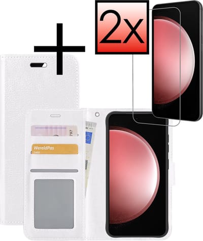 Hoesje - Met 2x Screenprotector - Geschikt voor Samsung Galaxy S23 FE - Luxe Pasjeshouder - Bookcase Portemonee - Flip Case - Kunstleer Book Case - Flipcase Hoes - Book Cover - Walletcase - Portemonneehoes - Wit