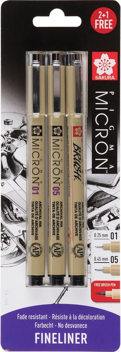 Sakura Pigma micron set - Zwart 01, 05 & gratis brush pen
