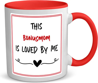 Akyol - this bonusmom is loved by me koffiemok - theemok - rood - Mama - iemand die houdt van zijn bonusmoeder - moeder cadeautjes - moederdag - verjaardag - geschenk - kado - 350 ML inhoud