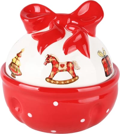 Dekoratief | Bonbonni?re m/schommelpaardje, wit/rood, dolomiet, 13x13x15cm | A245982
