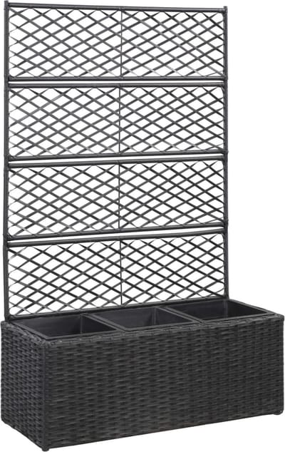 Plantenbak met klimrek - Weerbestendig - Bloembak - Met trellis - Buiten - Plastic - 3 vakken - Plantenrek - Rechthoekig - 3x16 Liter - Zwart
