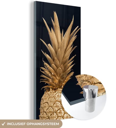 MuchoWow® Glasschilderij 60x120 cm - Schilderij acrylglas - Ananas - Goud - Verf - Zwart - Fruit - Luxe - Foto op glas - Schilderijen