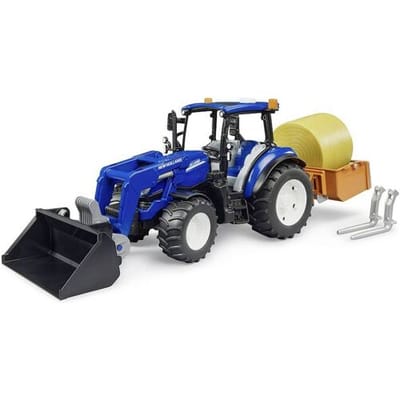 Bruder New Holland T5.120 + voorlader, laadbak, vorken + ronde balen 1:16