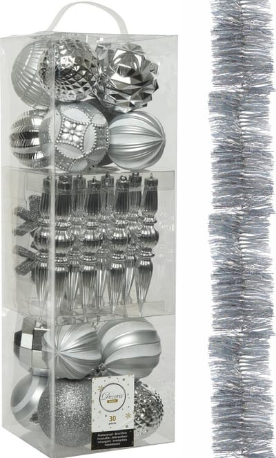 Decoris - kerstballen en slinger - 31x st - zilver kunststof
