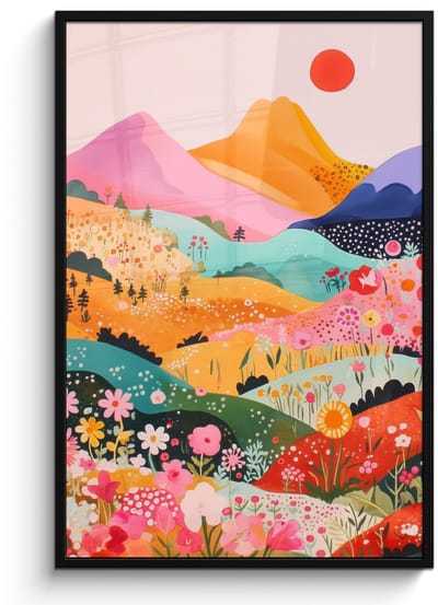 Poster in lijst - Fotolijst 80x120 cm - Posters - Kleurrijke bloemen - Bergen - Fantasielandschap - Posterlijst zwart - Decoratie - Wanddecoratie woonkamer - Muurdecoratie slaapkamer