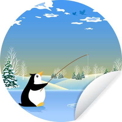 WallCircle - Muurstickers - Behangcirkel - Illustratie van een vissende pinguïn - ⌀ 120 cm - Muurcirkel - Zelfklevend - Ronde Behangsticker XXL