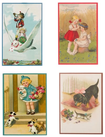 Nostalgische kaarten - 4 stuks - Franz_Josef - Klassieke Vintage afbeeldingen - nostalgische ansichtkaarten - prentbriefkaart - dieren - kinderen - Feestelijk - verjaardag -Oude Brocante briefkaarten