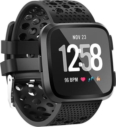 By Qubix - Compatible Fitbit bandje - Siliconen Bandje Geventileerd geschikt voor Fitbit Versa 1 / 2 & Lite - Zwart Smartwatchbandje bandje Armband Polsband Strap Band Watchband