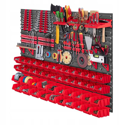 KADAX Werkplaatswandrek, 116 x 78 cm, opslagsysteem van robuust kunststof, uv-bestendig werkplaatsrek, uitbreidbare wandplaten, opbergrek voor garage, rood, 89 stuks