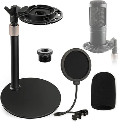 Verstelbare Microfoonstandaard met Schokabsorber, Schuim Windbescherming en Popfilter voor Opnames en Live Geluid