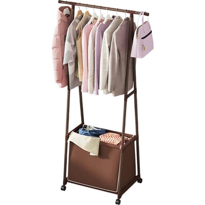 Kledingrek met grote opbergtas Verwijderbare kledingorganizer Stand op wielen 2-in-1 Vrijstaand koffie