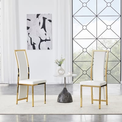 HAUSS SPOLE Eetkamerstoel Set Van 2 - Hoge Rugleuning Met Goudkleurige Rand - Comfortabele Zitting Met Mat Pu - Voor Eetkamer En Kantoor - Wit Goud