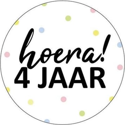 CADEAUSTICKER ROND HOERA! 4 JAAR / traktatiesticker / Wensetiket 4 JAAR rond 40mm / sluitsticker / 30 stuks / cadeausticker / wit pastel geel groen roze / merkloos