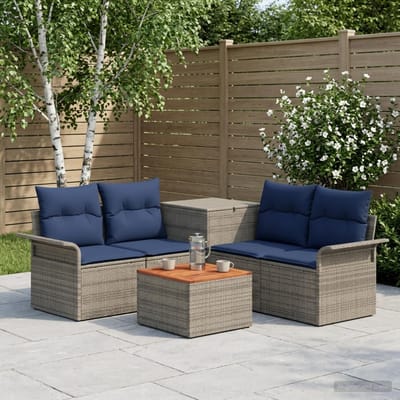 vidaXL - Bankstel - 6 - st - 4-zits - Grijs - en - Marineblauw - Poly - Rattan - en - Staal