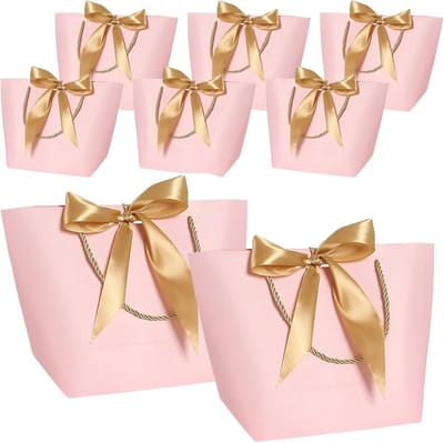 10 Roze Cadeauzakjes van Kraftpapier met Handvat en Strik - Luxe Geschenktassen voor Feest