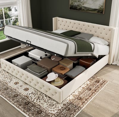 MEUNIQ gestoffeerd tweepersoonsbed 140x200 cm met hydraulische opbergruimte en lattenbodem, bedframe met hoog hoofdbord en knoopstiksel voor slaapkamer, beige