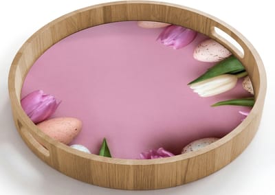 Dienblad rond 40x40 cm - Schootdienblad hout - Tulpen - Eieren - Roze - Borrelplank rechthoek - Plateau houten dienbladen