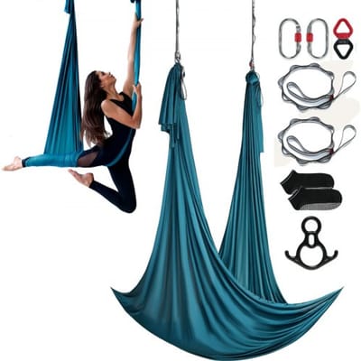 VEVOR Aerial Yoga Hangmatset 10 x 2,8 m, Groene Aerial Yoga Schommel Air Flying, Indoor Aerial Yoga Hangmat Schommel, Max. Draagvermogen 1000 kg, incl. Yogasokken & Stalen Karabijnhaak & Aluminium Draaibare