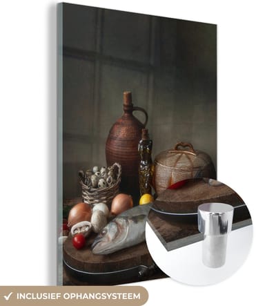MuchoWow® Glasschilderij 120x160 cm - Schilderij acrylglas - Rustiek - Vis - Stilleven - Groente - Kruiden - Foto op glas - Schilderijen