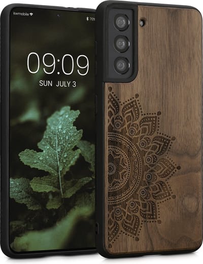 kwmobile telefoonhoesje geschikt voorSamsung Galaxy S21 - Hoesje met bumper - hout - In donkerbruin Opkomende Zon design