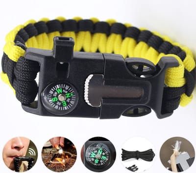 Outdoor survival Armband Geel/zwart - 5 in 1 met Vuursteen (magnesium stick), Paracord, Kompas, Noodfluit en Schraper