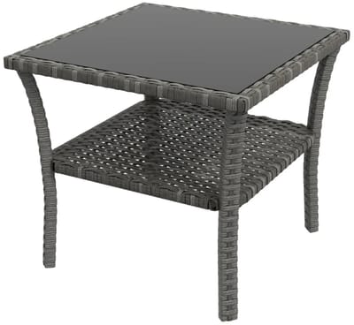 Delightness Tuintafel - Bijzettafel - Met Glasplaat - Opbergplank - Tafel - Tuin - Buiten - Rotan - 50x50x45cm - Grijs - Antraciet