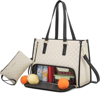 Dames lunchtas, laptoptas voor 15,6 inch laptops met geïsoleerd lunchvak, ruime laptoptas met portemonnee, geschikt voor zakelijk gebruik, werk, studie, kantoor en casual gelegenheden. Verkrijgbaar in beige en zwart.