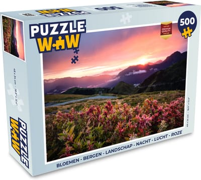 Puzzel Bloemen - Bergen - Landschap - Nacht - Lucht - Roze - Legpuzzel - Puzzel 500 stukjes