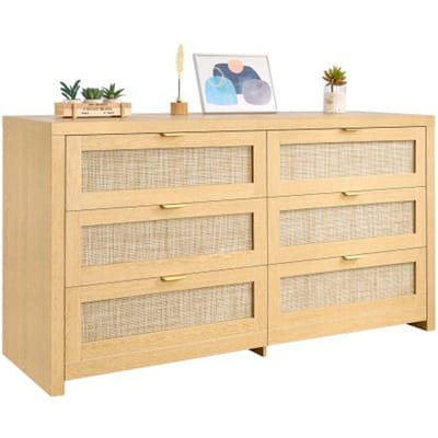 VEVOR Rattan Commode met 6 Laden en Metalen Handgrepen, Moderne Rattan Kast voor Slaapkamer, Woonkamer, Hal (144,5 x 45 x 79,5 cm) Kledingkast met Laden