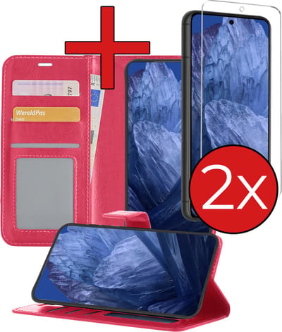 Hoesje - Met 2x Screenprotector - Geschikt voor Google Pixel 8a - Luxe Pasjeshouder - Flip Case - Bookcase Portemonee - Kunstleer Book Case - Flipcase Hoes - Book Cover - Walletcase - Portemonneehoes - Telefoonhoes - Donkerroze