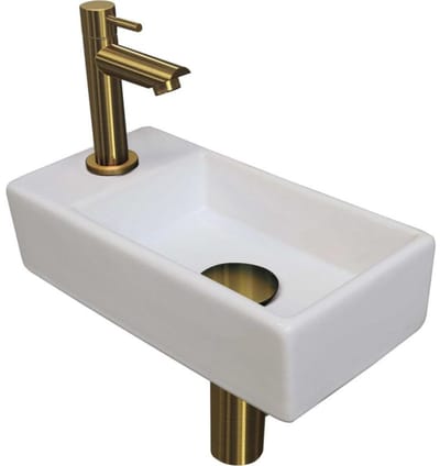 INK - Fonteinpack Porselein Links incl. Fonteinkraan - Design Sifon - Design Plug en Montageset - 360x180x90 Mm - Glans Wit/brushed Mat Goud