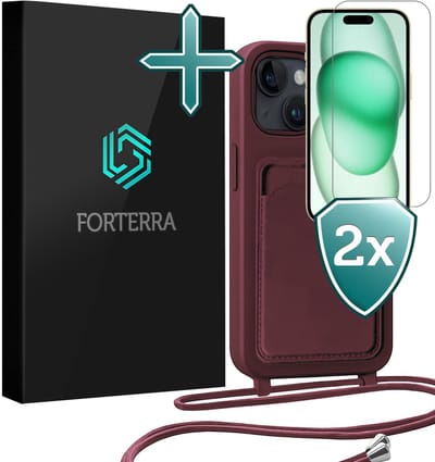 Hoesje Geschikt voor iPhone 15 Plus Pashouder Case Siliconen Hoes Met Koord Met 2x Screenprotector - Hoes Geschikt voor iPhone 15 Plus Met Telefoonkoord Hoesje Back Cover Met Pasjeshouder - Aubergine
