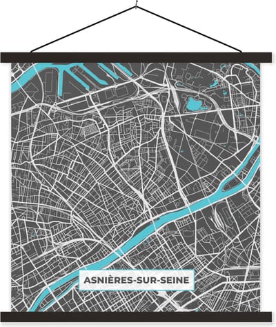 Posterhanger incl. Poster 60x60 cm - Schoolplaat - Stadskaart – Frankrijk – Kaart – Asnières-sur-Seine – Plattegrond - Textielposter - Zwarte latten - Stadskaart