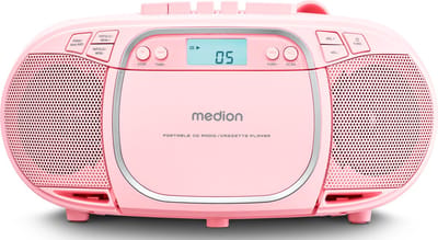 MEDION E66476 Stereo Geluidssysteem (boombox, CD-speler, MP3, cassette, draagbare cassettespeler voor kinderen, FM-radio, AUX, hoofdtelefoon, netvoeding & batterij) Roze