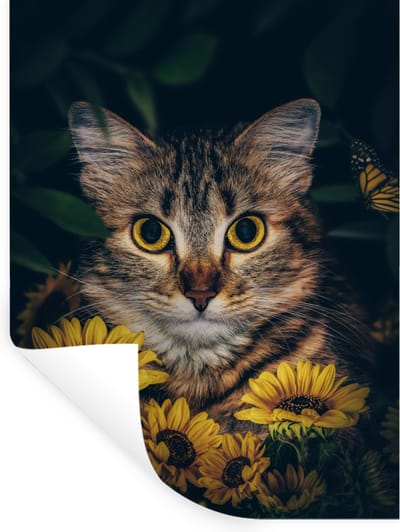 Muurstickers - Sticker Folie - Kat - Geel - Bloemen - Botanisch - 30x40 cm - Plakfolie - Muurstickers Kinderkamer - Zelfklevend Behang - Zelfklevend behangpapier - Stickerfolie