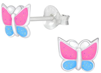 Joy|S - Zilveren vlinder oorbellen - 7 x 6 mm - glitter roze blauw