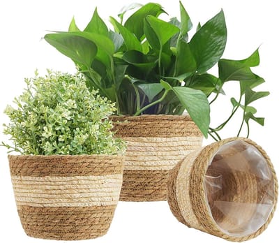 Famanu – Plantenmand set van 3 zeegras gevlochten met voering voor binnen en buiten beige