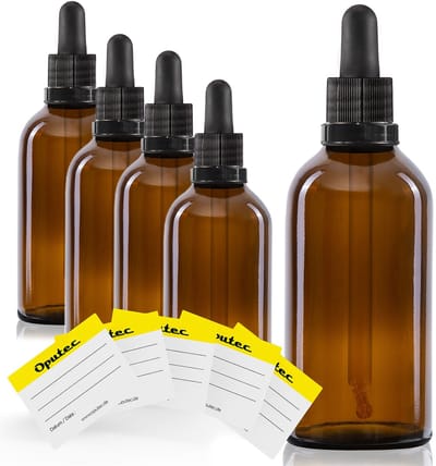 Oputec 5 x 100ml pipetfles bruin glas – doseerfles met glazen pipet + etiketten – aromatherapie, cosmetica & laboratorium