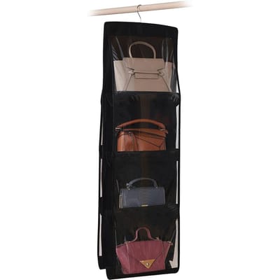 Sac à main à 4 niveaux, organisateur anti-poussière avec 8 poches, sac à crochet en métal, sac de rangement pour garde-robe noir