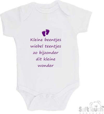 100% katoenen Romper "Kleine beentjes Wiebel teentjes Zo bijzonder Dit kleine wonder" Unisex Katoen Wit/paars Maat 62/68