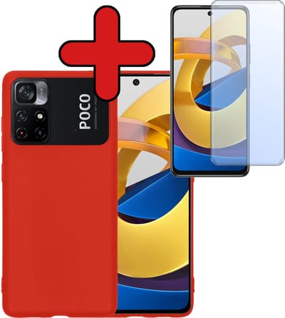 Hoesje - Met Screenprotector - Geschikt voor Xiaomi Poco M4 Pro 5G - Sterk & Shockproof - Telefoon Hoes - Back Cover - Siliconen Case - Telefoonhoes - Rood