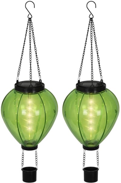 Lumineo solar luchtballon lantaarn - 2x - groen - H26 x D14 cm - kunststof - vlam effect - tuinverlichting